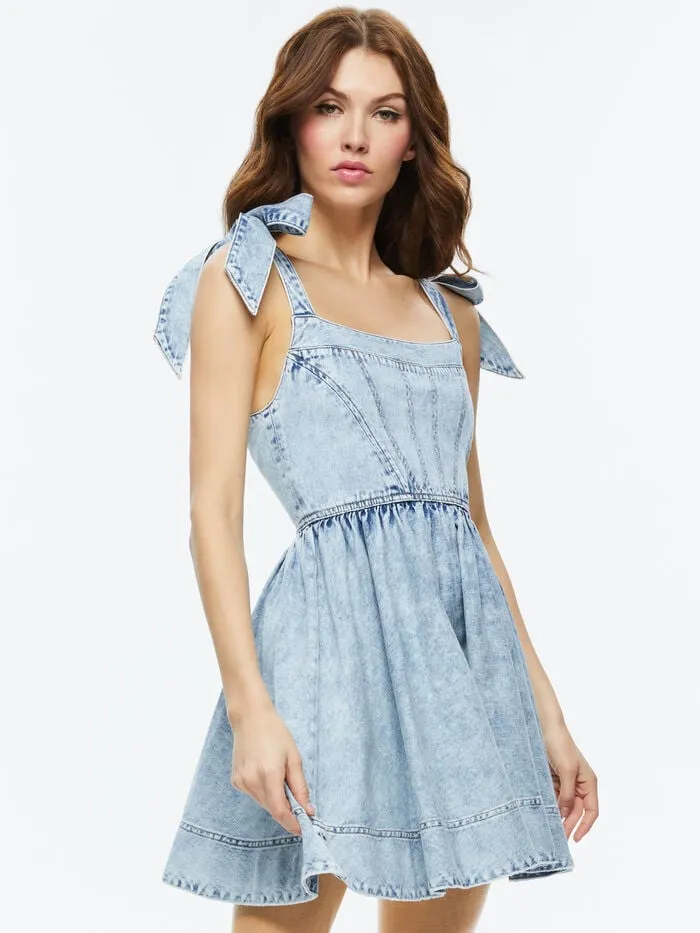 Alice Olivia DRESSES WOMEN AMINA CORSET DENIM DRESS Fae Ultra Light Blue