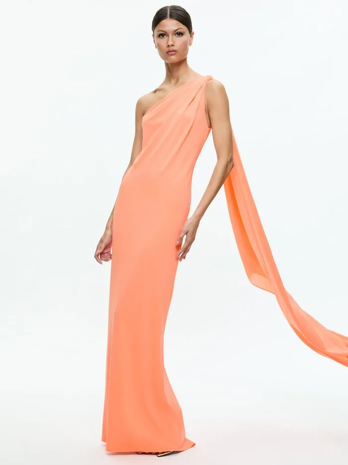 Alice Olivia DRESSES WOMEN ANJA ONE SHOULDER DRAPED MAXI DRESS Coral