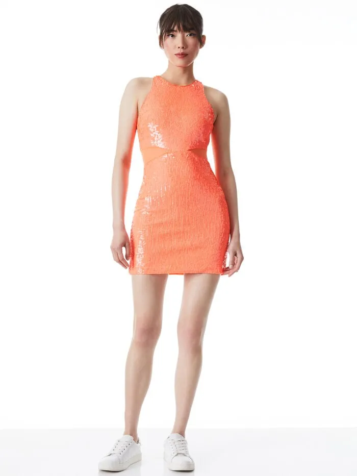 Alice Olivia DRESSES WOMEN CARA SEQUIN MESH CUT OUT MINI DRESS Bright Coral