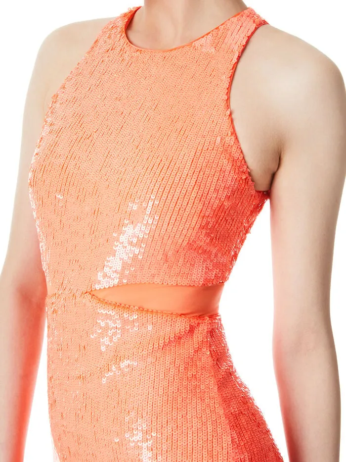 Alice Olivia DRESSES WOMEN CARA SEQUIN MESH CUT OUT MINI DRESS Bright Coral