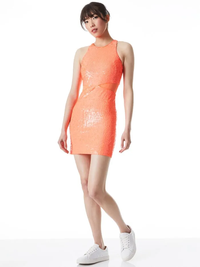 Alice Olivia DRESSES WOMEN CARA SEQUIN MESH CUT OUT MINI DRESS Bright Coral