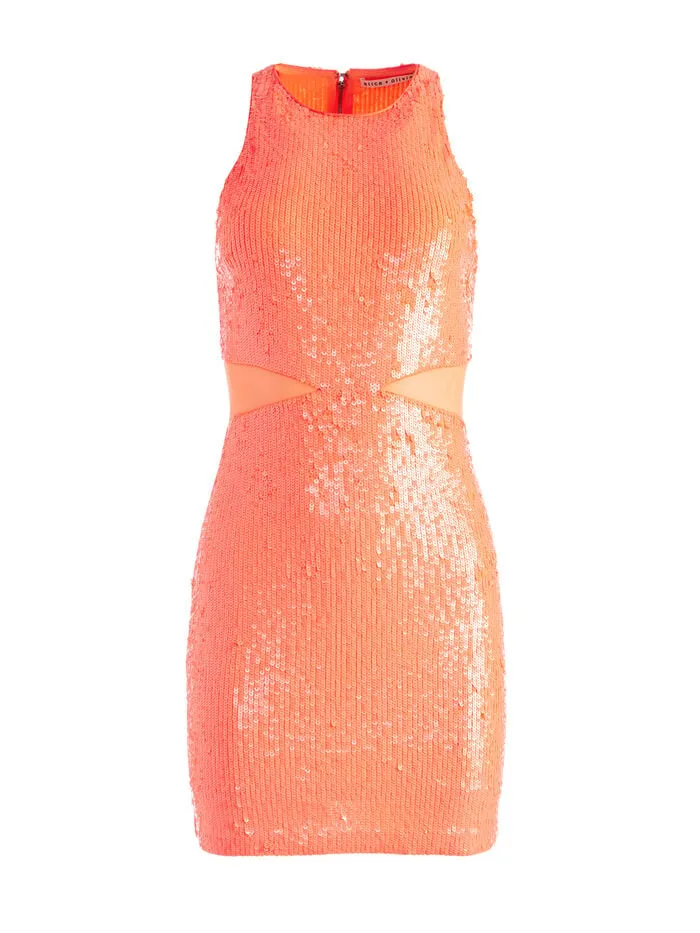 Alice Olivia DRESSES WOMEN CARA SEQUIN MESH CUT OUT MINI DRESS Bright Coral