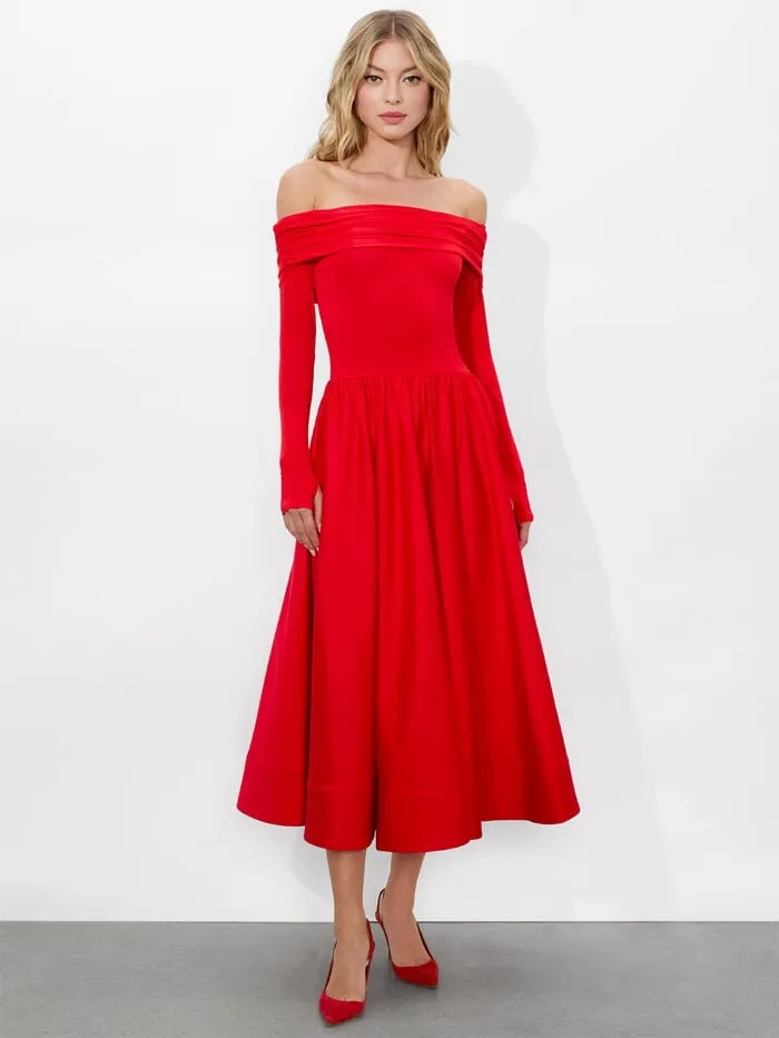 Alice Olivia DRESSES WOMEN CHARA FLARED MIDI DRESS Bright Ruby