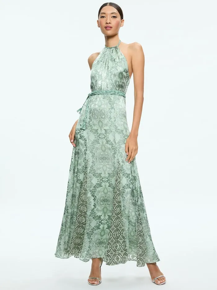 Alice Olivia DRESSES WOMEN DANIKA HALTER MAXI DRESS WITH BELT Vanity Pistachio
