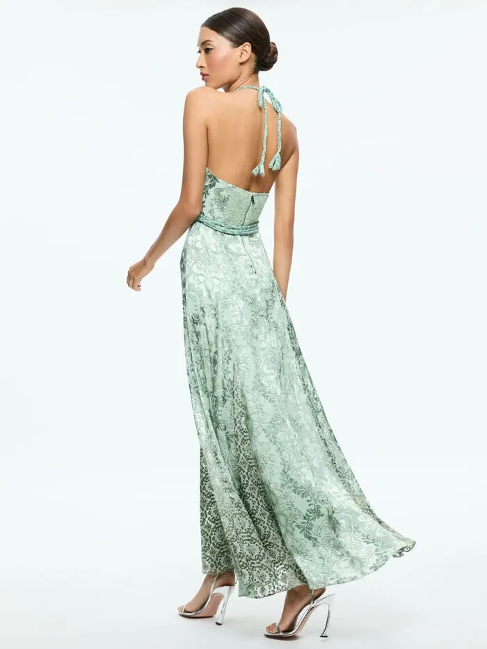 Alice Olivia DRESSES WOMEN DANIKA HALTER MAXI DRESS WITH BELT Vanity Pistachio