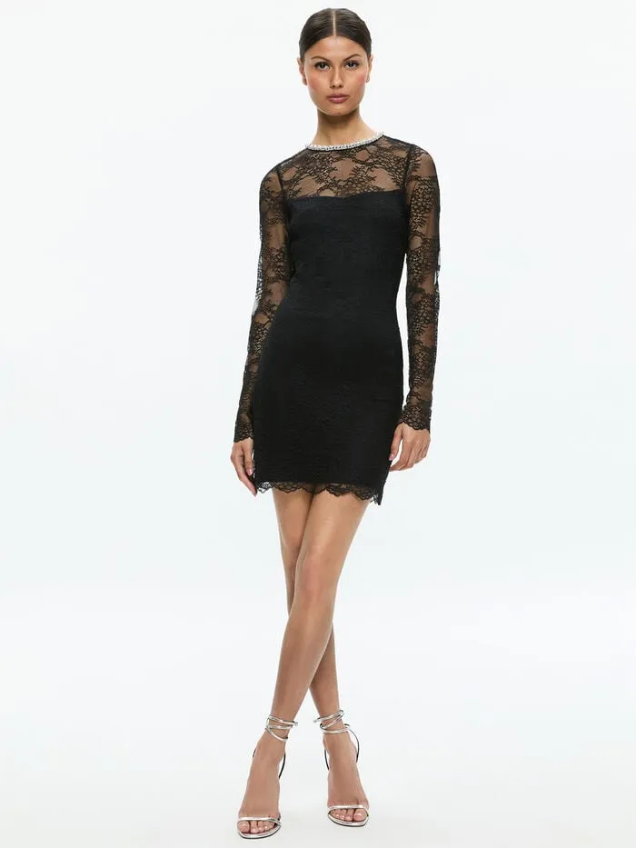 Alice Olivia DRESSES WOMEN DELORA EMBELLISHED NECK LONG SLEEVE LACE MINI DRESS Black