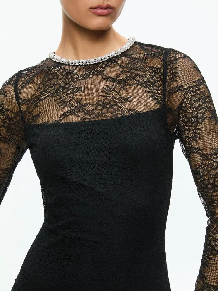 Alice Olivia DRESSES WOMEN DELORA EMBELLISHED NECK LONG SLEEVE LACE MINI DRESS Black