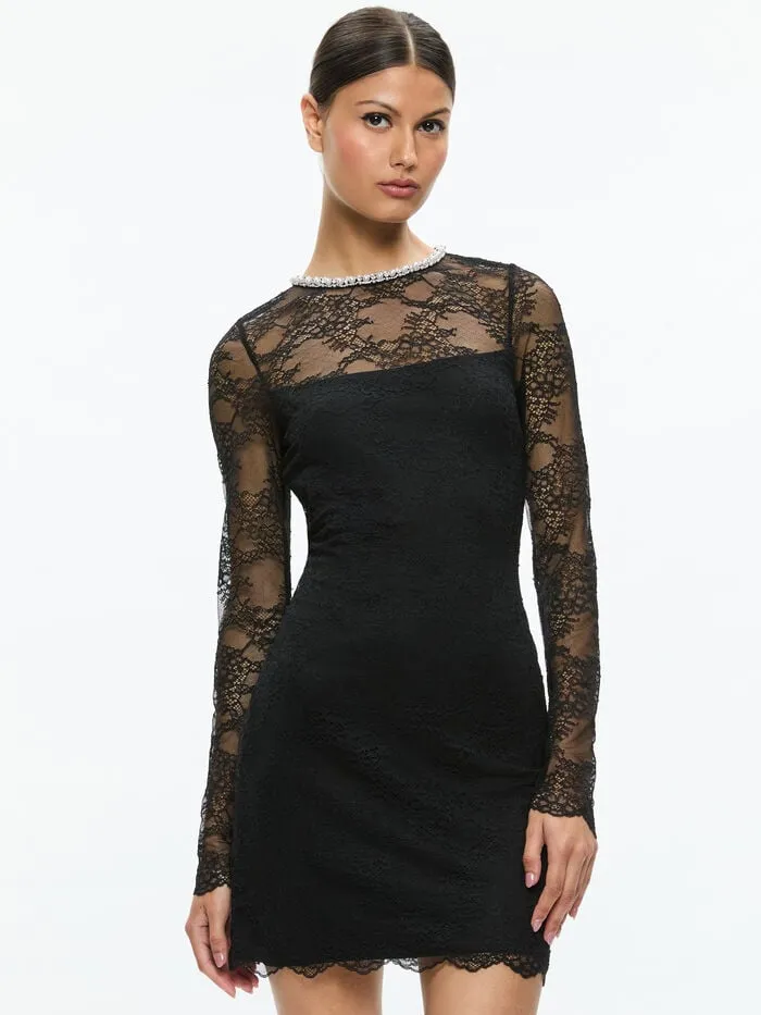 Alice Olivia DRESSES WOMEN DELORA EMBELLISHED NECK LONG SLEEVE LACE MINI DRESS Black
