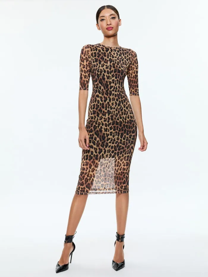 Alice Olivia DRESSES WOMEN DELORA MIDI DRESS Spotted Leopard Dark Tan