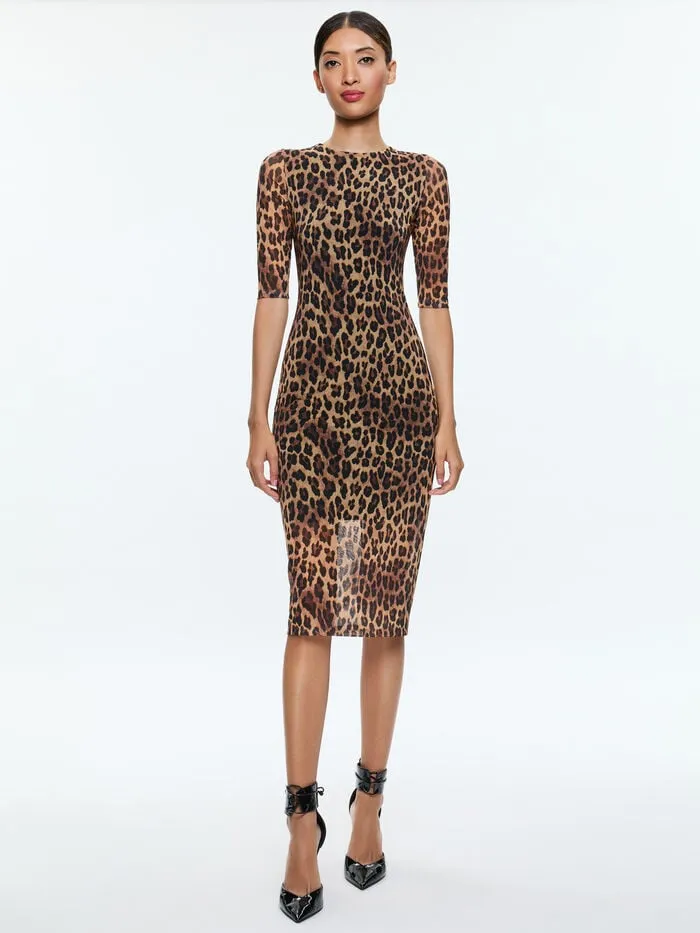 Alice Olivia DRESSES WOMEN DELORA MIDI DRESS Spotted Leopard Dark Tan
