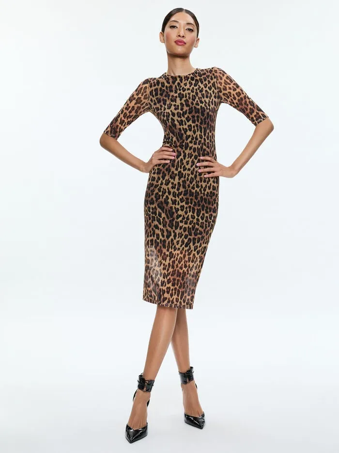 Alice Olivia DRESSES WOMEN DELORA MIDI DRESS Spotted Leopard Dark Tan