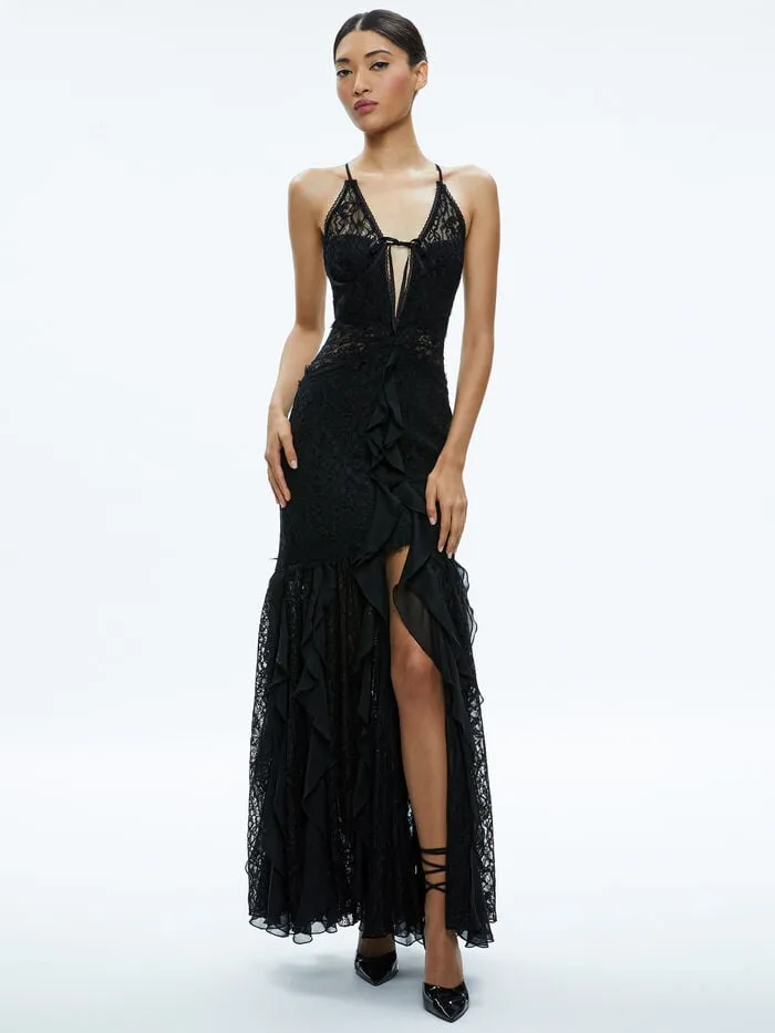 Alice Olivia DRESSES WOMEN EDERA RUFFLE LACE MAXI GOWN Black