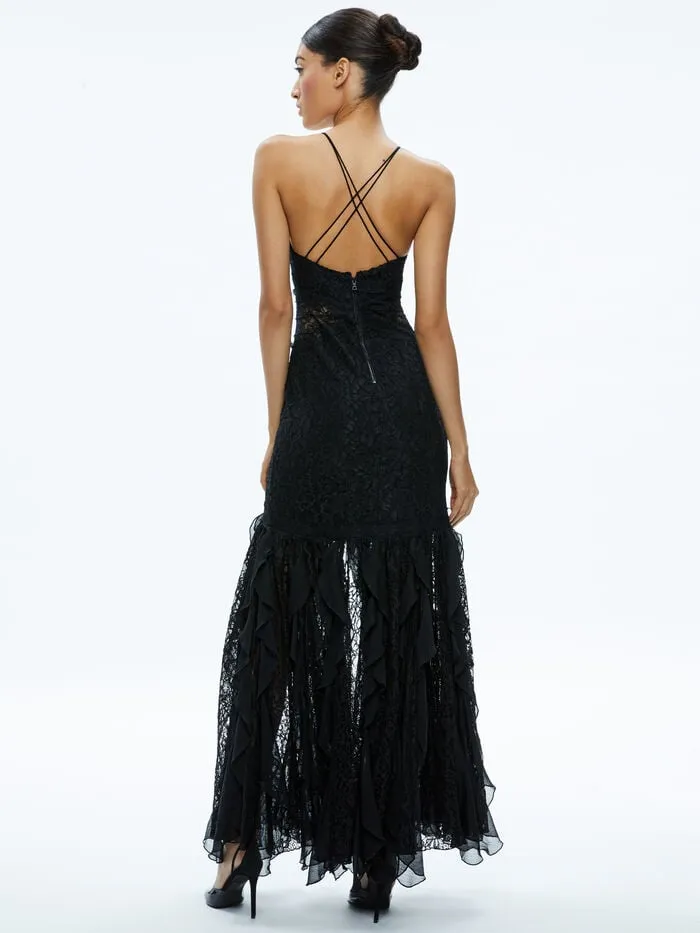 Alice Olivia DRESSES WOMEN EDERA RUFFLE LACE MAXI GOWN Black