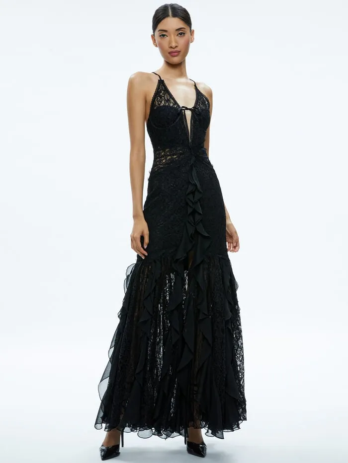 Alice Olivia DRESSES WOMEN EDERA RUFFLE LACE MAXI GOWN Black