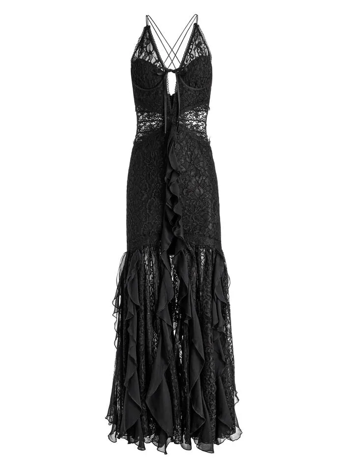 Alice Olivia DRESSES WOMEN EDERA RUFFLE LACE MAXI GOWN Black