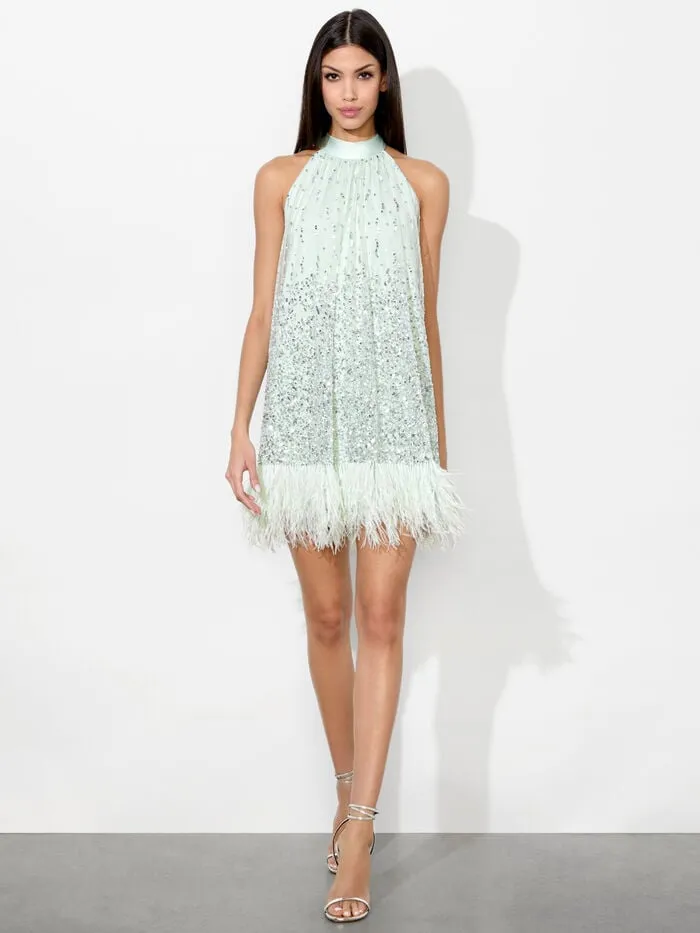 Alice Olivia DRESSES WOMEN ERNA FEATHER MINI DRESS Sea Spray