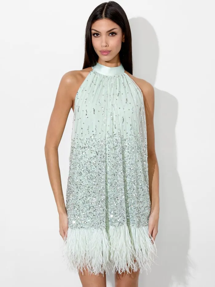 Alice Olivia DRESSES WOMEN ERNA FEATHER MINI DRESS Sea Spray