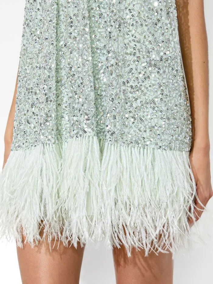 Alice Olivia DRESSES WOMEN ERNA FEATHER MINI DRESS Sea Spray