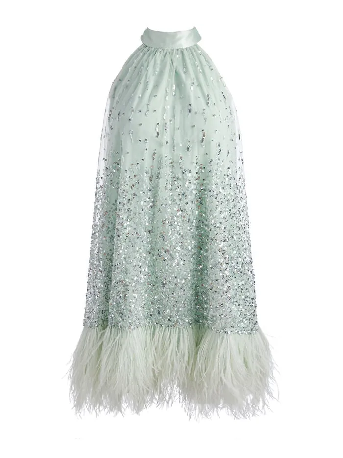 Alice Olivia DRESSES WOMEN ERNA FEATHER MINI DRESS Sea Spray