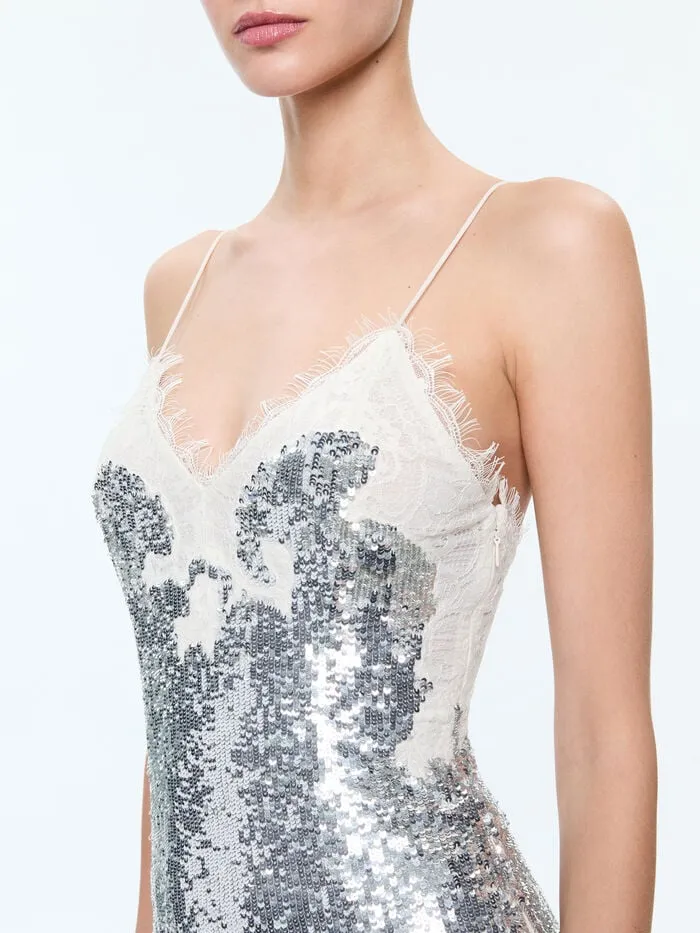 Alice Olivia DRESSES WOMEN HARLEY SEQUIN MINI DRESS Pale Silverandvanilla