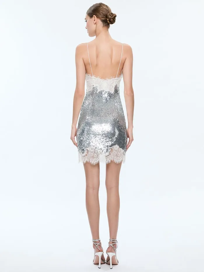 Alice Olivia DRESSES WOMEN HARLEY SEQUIN MINI DRESS Pale Silverandvanilla