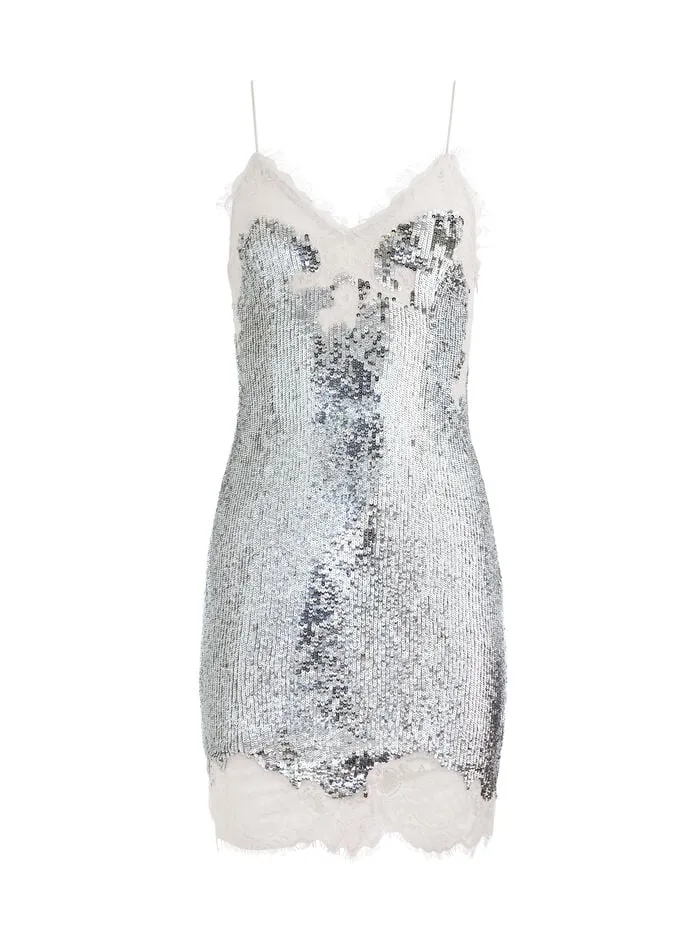 Alice Olivia DRESSES WOMEN HARLEY SEQUIN MINI DRESS Pale Silverandvanilla