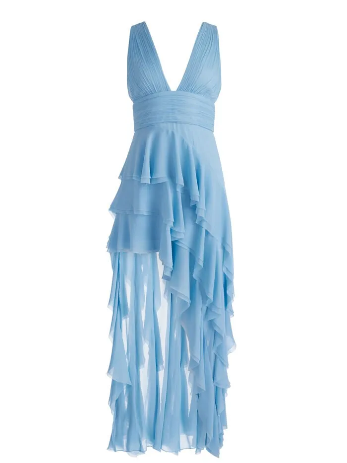 Alice Olivia DRESSES WOMEN HOLLY LOW NECK ASYMMETRIC RUFFLED MAXI DRESS Mineral Blue