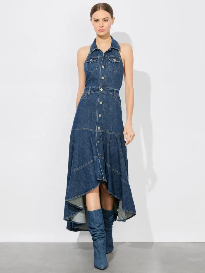 Alice Olivia DRESSES WOMEN JUANA HIGH LOW DENIM DRESS Darby Vintage Blue