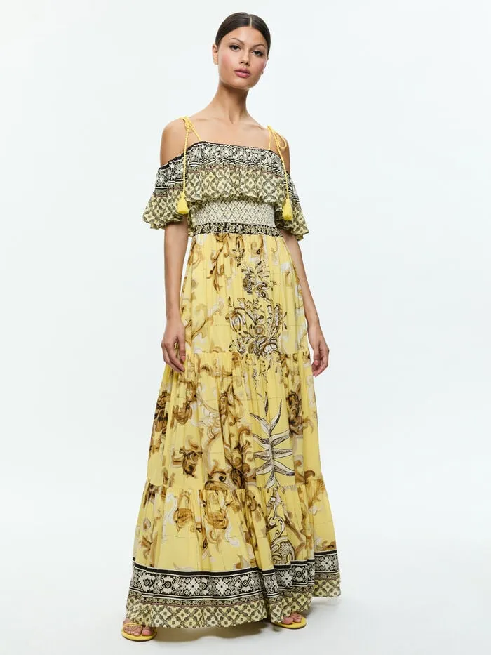 Alice Olivia DRESSES WOMEN KIA OFF THE SHOULDER TIERED MAXI DRESS Lisboa Lemon Meringue