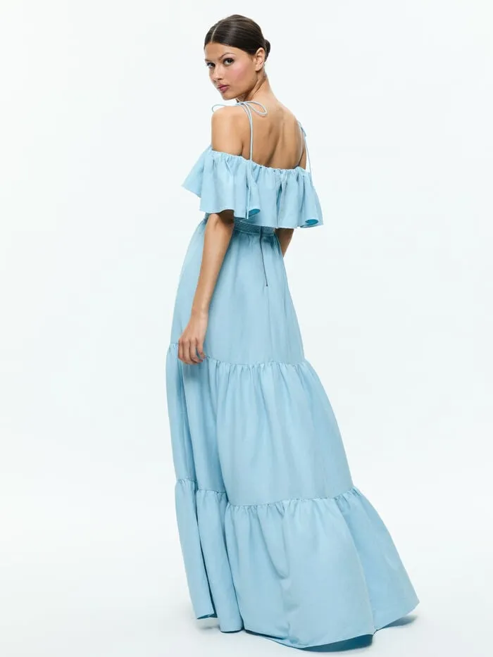 Alice Olivia DRESSES WOMEN KIA OFF THE SHOULDER TIERED MAXI DRESS Mineral Blue
