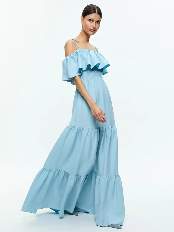 Alice Olivia DRESSES WOMEN KIA OFF THE SHOULDER TIERED MAXI DRESS Mineral Blue