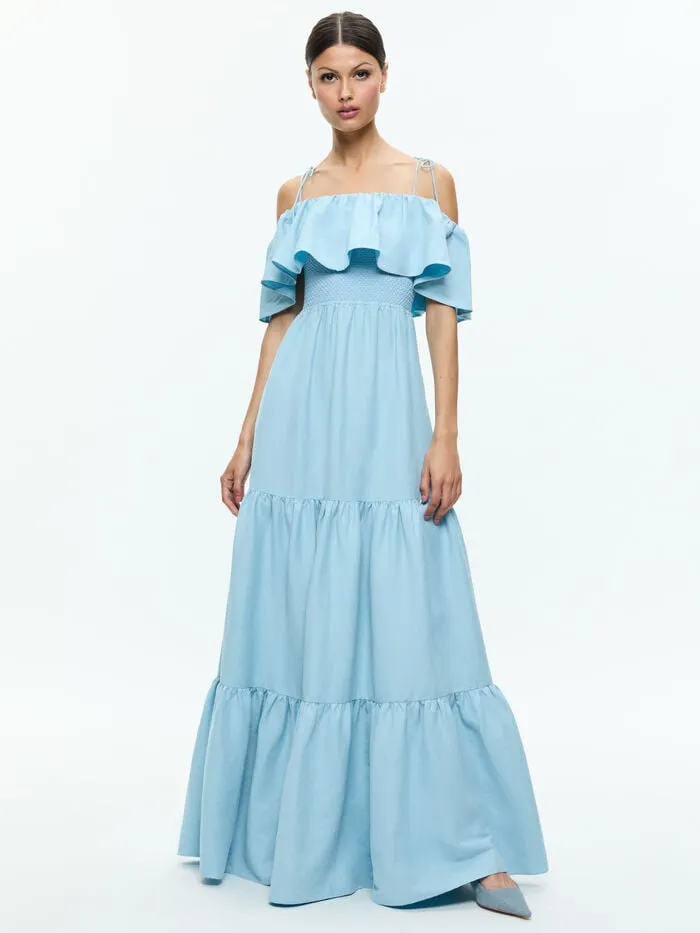 Alice Olivia DRESSES WOMEN KIA OFF THE SHOULDER TIERED MAXI DRESS Mineral Blue