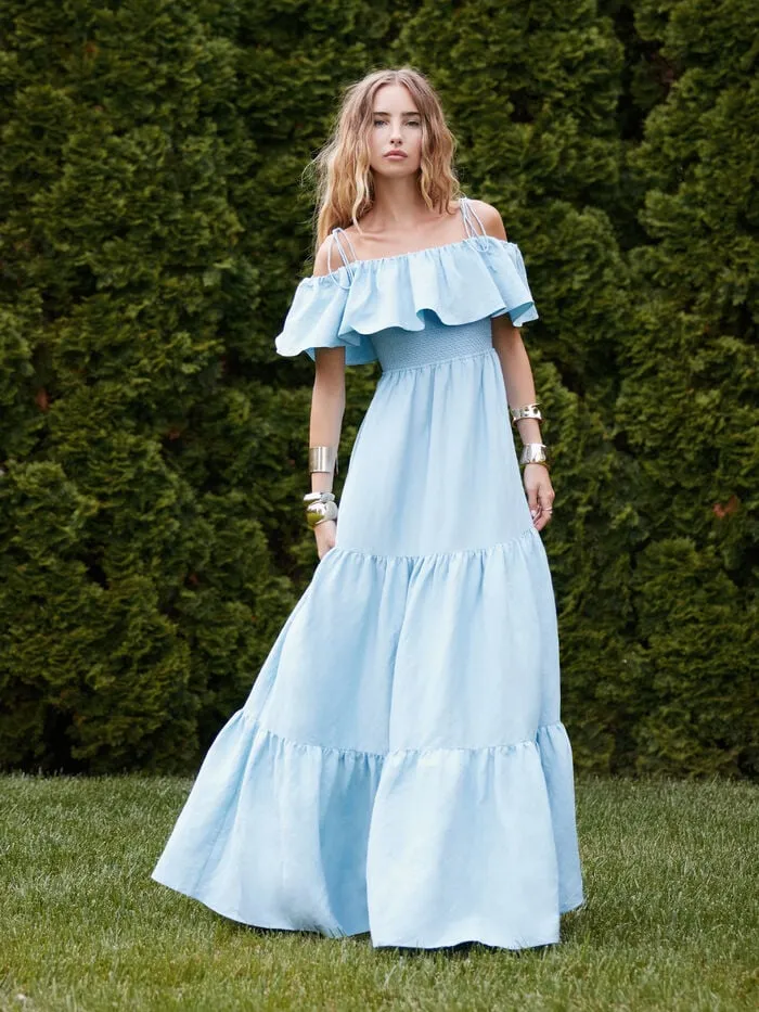 Alice Olivia DRESSES WOMEN KIA OFF THE SHOULDER TIERED MAXI DRESS Mineral Blue