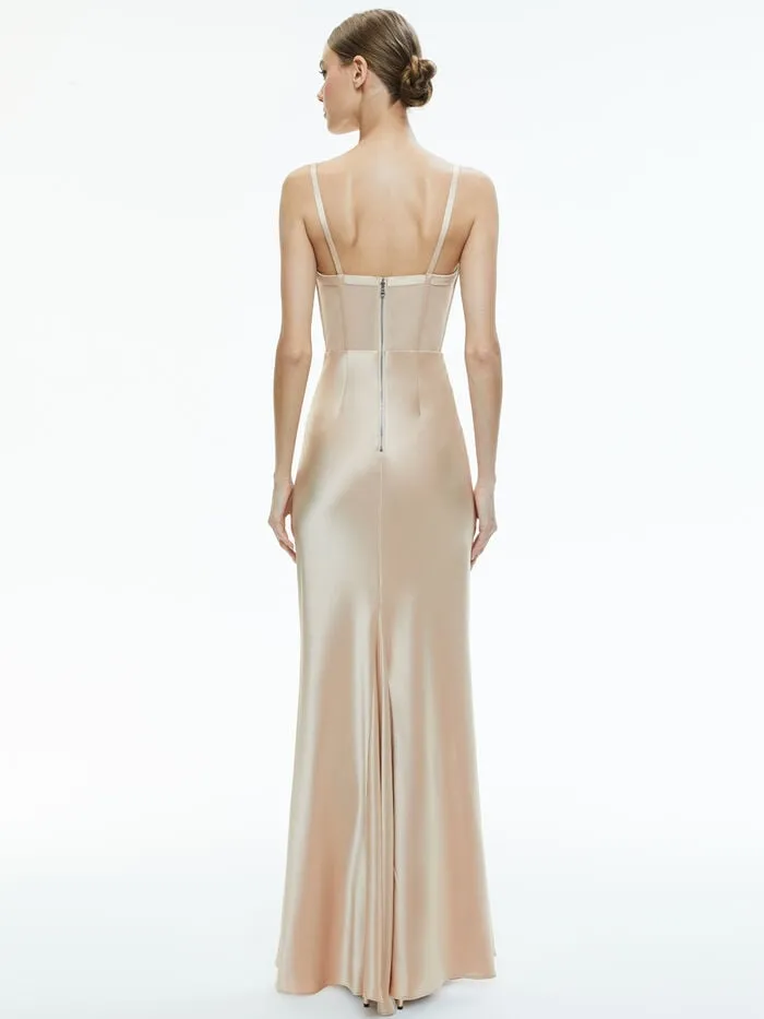 Alice Olivia DRESSES WOMEN VALENTINA DRAPED CORSET MAXI DRESS Almond