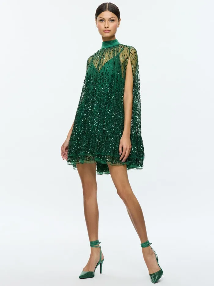 Alice Olivia DRESSES WOMEN ZENON CAPE MINI DRESS Forest Green
