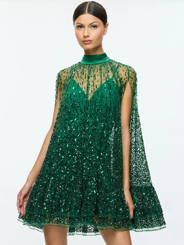 Alice Olivia DRESSES WOMEN ZENON CAPE MINI DRESS Forest Green