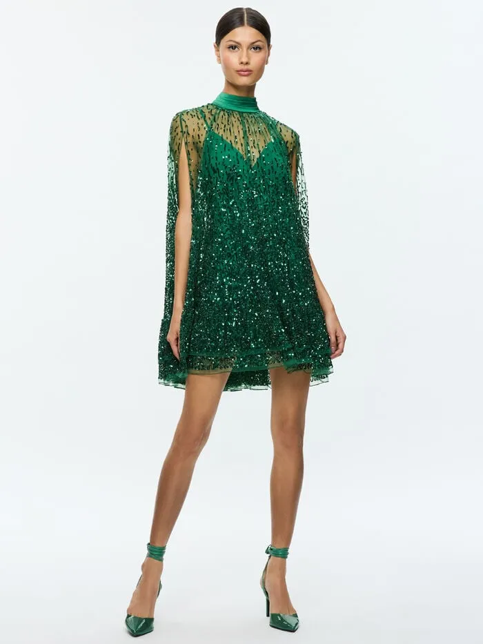 Alice Olivia DRESSES WOMEN ZENON CAPE MINI DRESS Forest Green