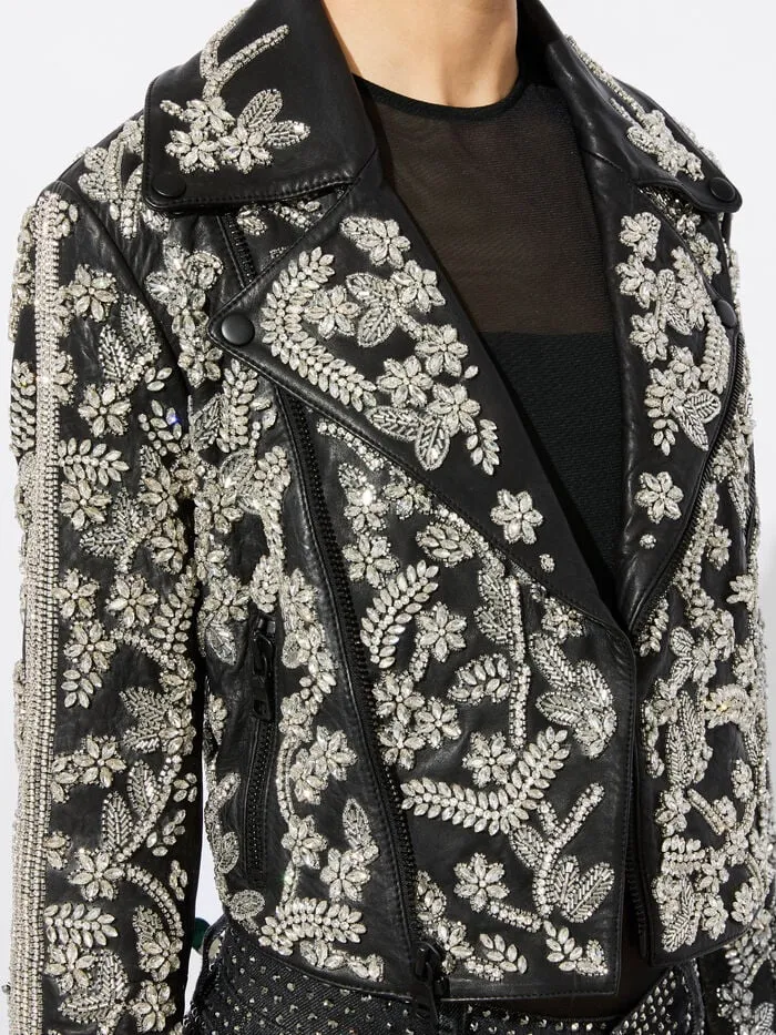 Alice Olivia JACKETS COATS WOMEN CODY EMBELLISHED LEATHER JACKET Blackandsilver