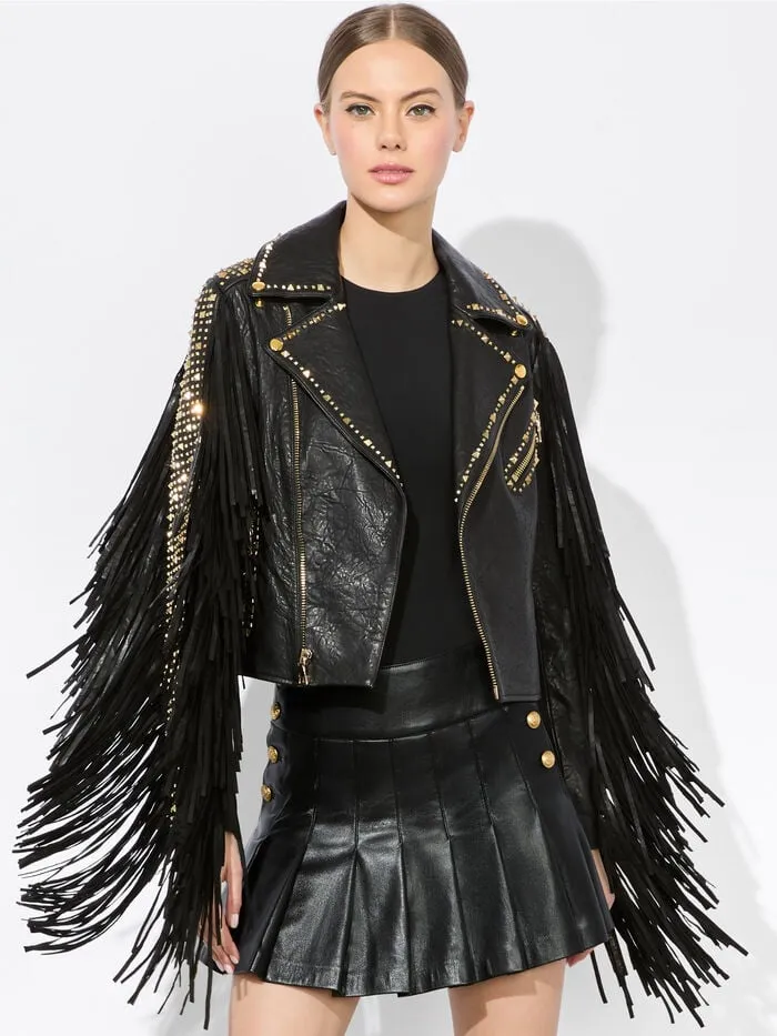 Alice Olivia JACKETS COATS WOMEN CODY FRINGE LEATHER JACKET Black