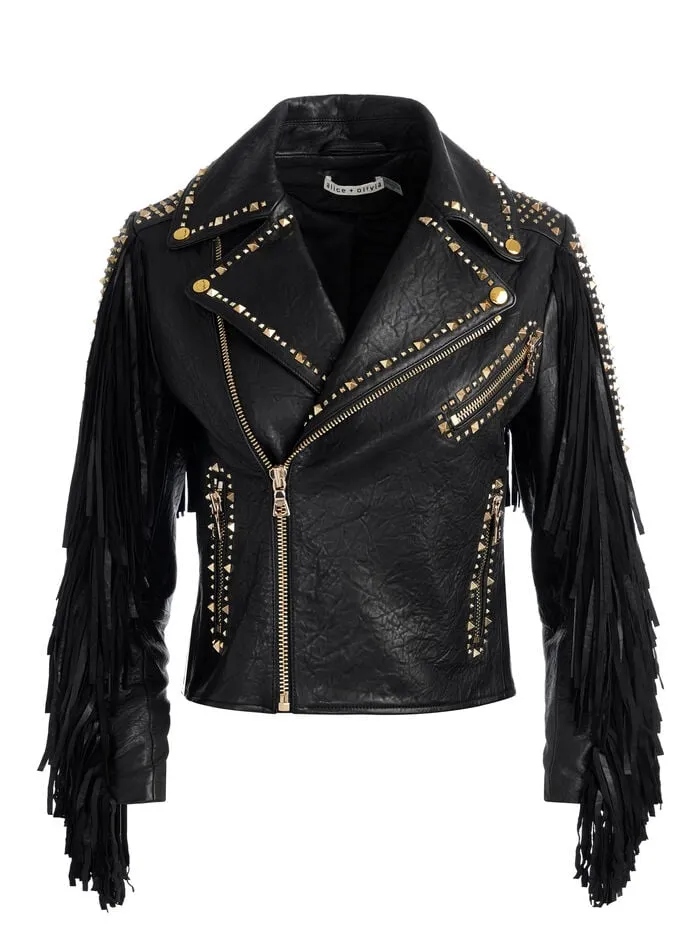 Alice Olivia JACKETS COATS WOMEN CODY FRINGE LEATHER JACKET Black