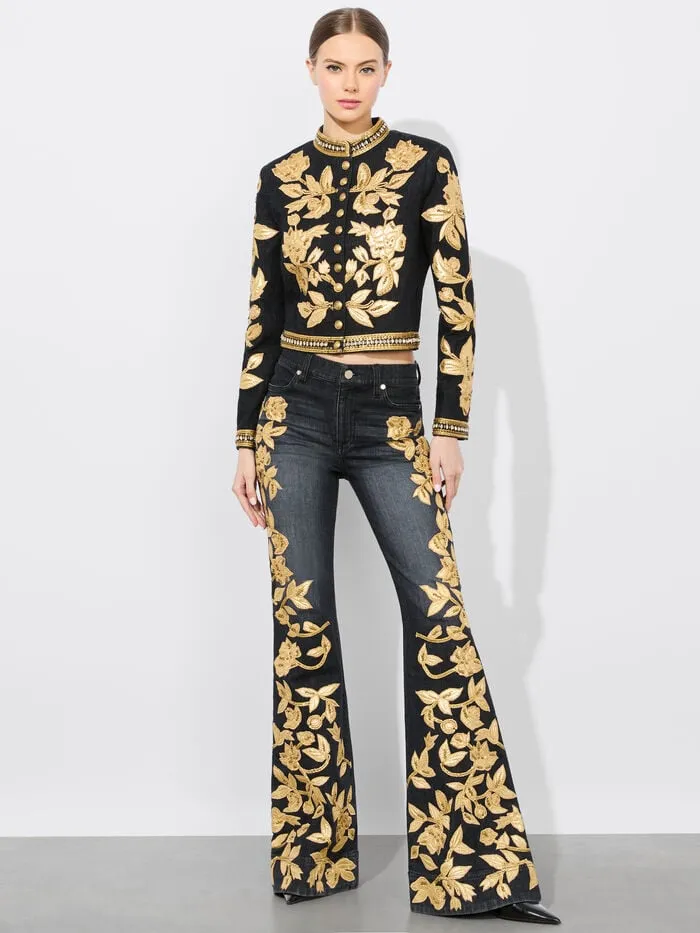 Alice Olivia JACKETS COATS WOMEN EMERSON DENIM MILITARY JACKET Maya Charcoal Blackandgold