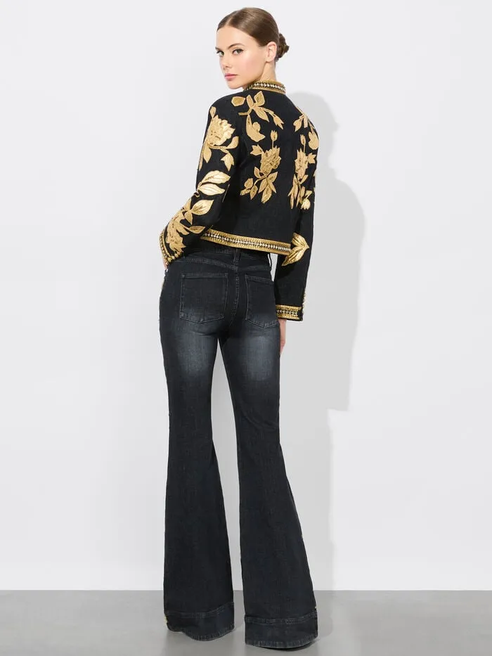 Alice Olivia JACKETS COATS WOMEN EMERSON DENIM MILITARY JACKET Maya Charcoal Blackandgold