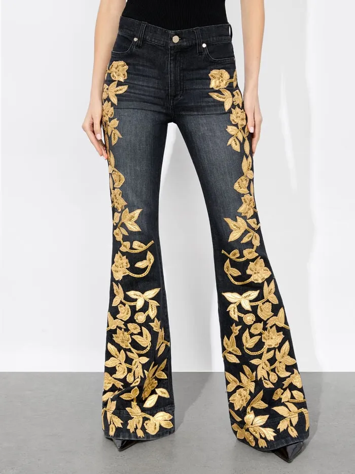 Alice Olivia PANTS WOMEN SB EMBELLISHED BELL JEAN Maya Charcoal Blackandgold