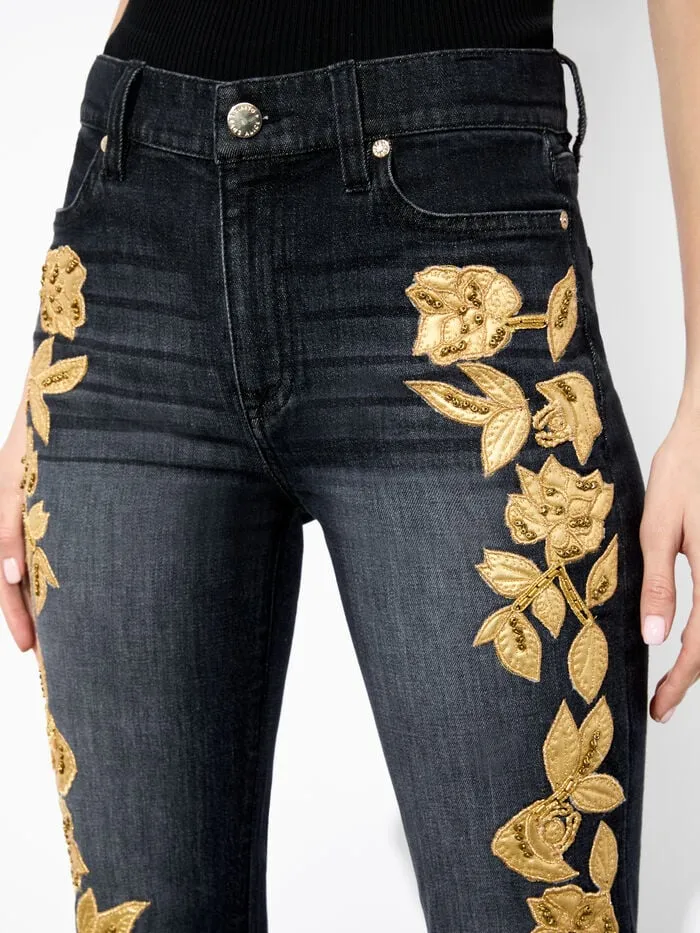 Alice Olivia PANTS WOMEN SB EMBELLISHED BELL JEAN Maya Charcoal Blackandgold