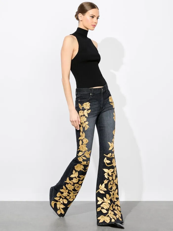 Alice Olivia PANTS WOMEN SB EMBELLISHED BELL JEAN Maya Charcoal Blackandgold