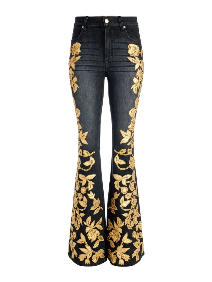 Alice Olivia PANTS WOMEN SB EMBELLISHED BELL JEAN Maya Charcoal Blackandgold