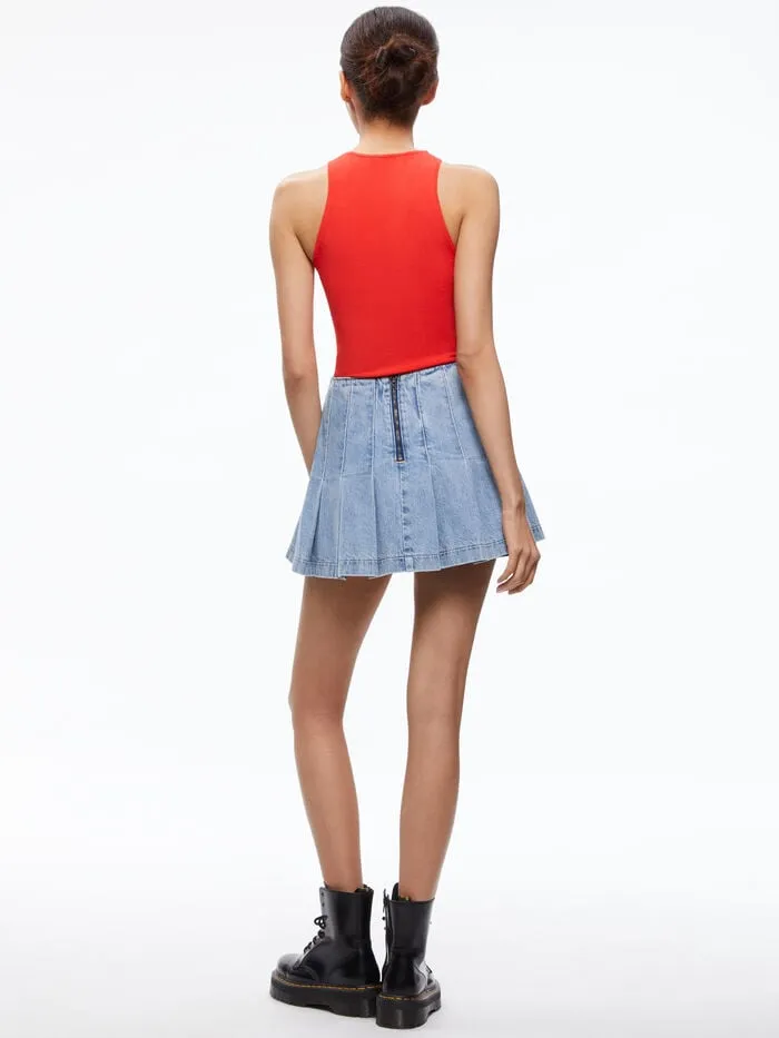 Alice Olivia SKIRTS WOMEN CARTER PLEATED DENIM MINI SKIRT Rockstar Blue