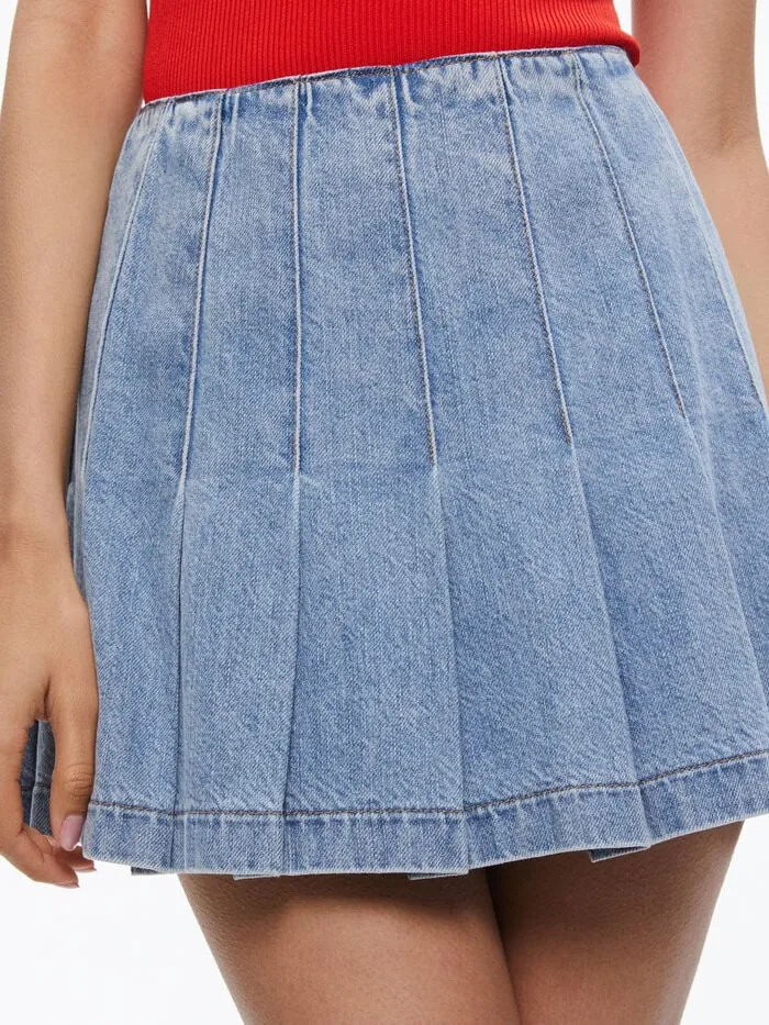 Alice Olivia SKIRTS WOMEN CARTER PLEATED DENIM MINI SKIRT Rockstar Blue