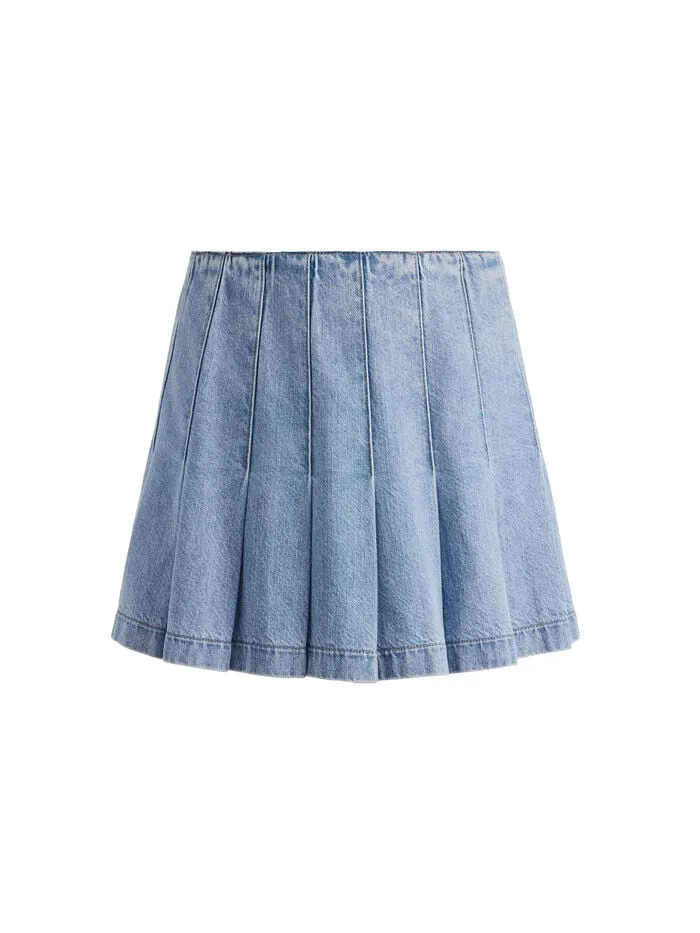 Alice Olivia SKIRTS WOMEN CARTER PLEATED DENIM MINI SKIRT Rockstar Blue