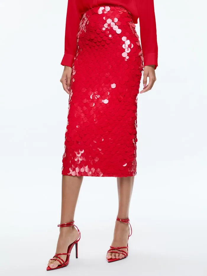 Alice Olivia SKIRTS WOMEN FIFI PAILLETTE MIDI SKIRT Bright Ruby